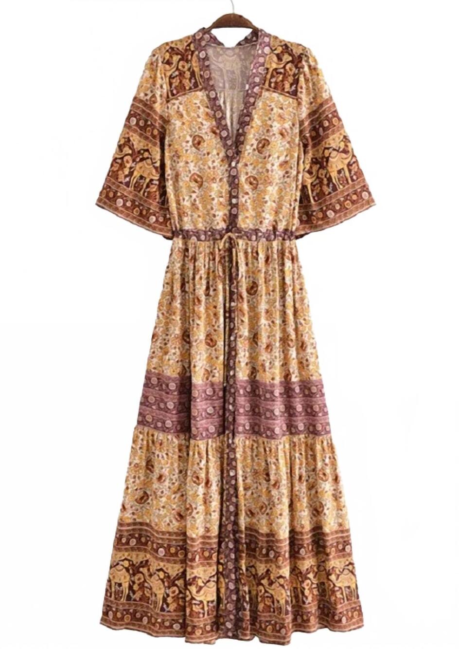 NEW SUNDAYUP women's bohemian floral print maxi dress in brown